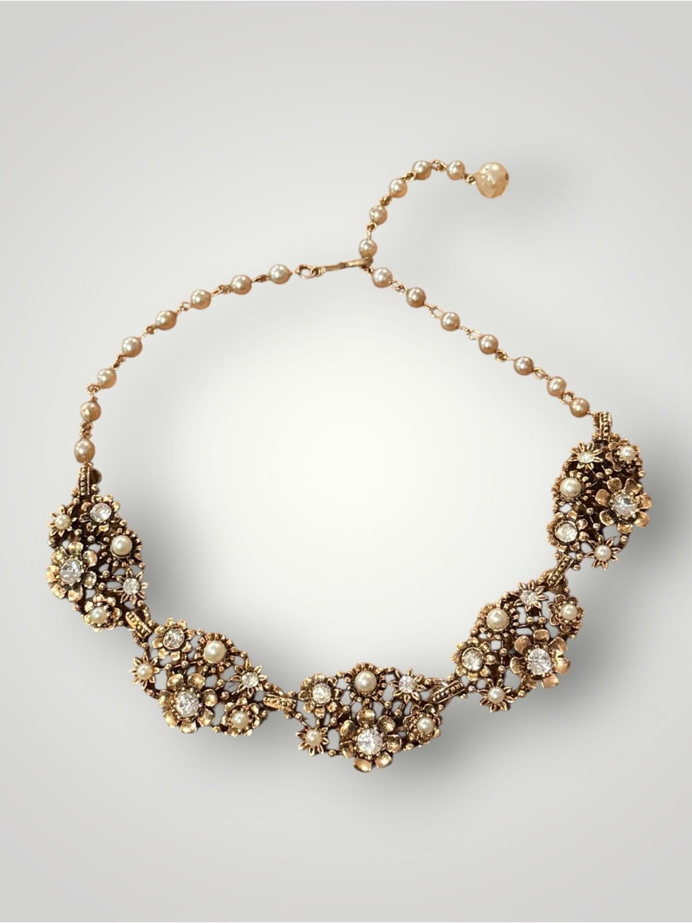 Vintage Style Gold Floral Rhinestone Faux Pearl Bib Statement Necklace